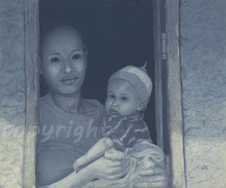 MOTHER AND CHILD IN WINDOW IN AZURACCIO
