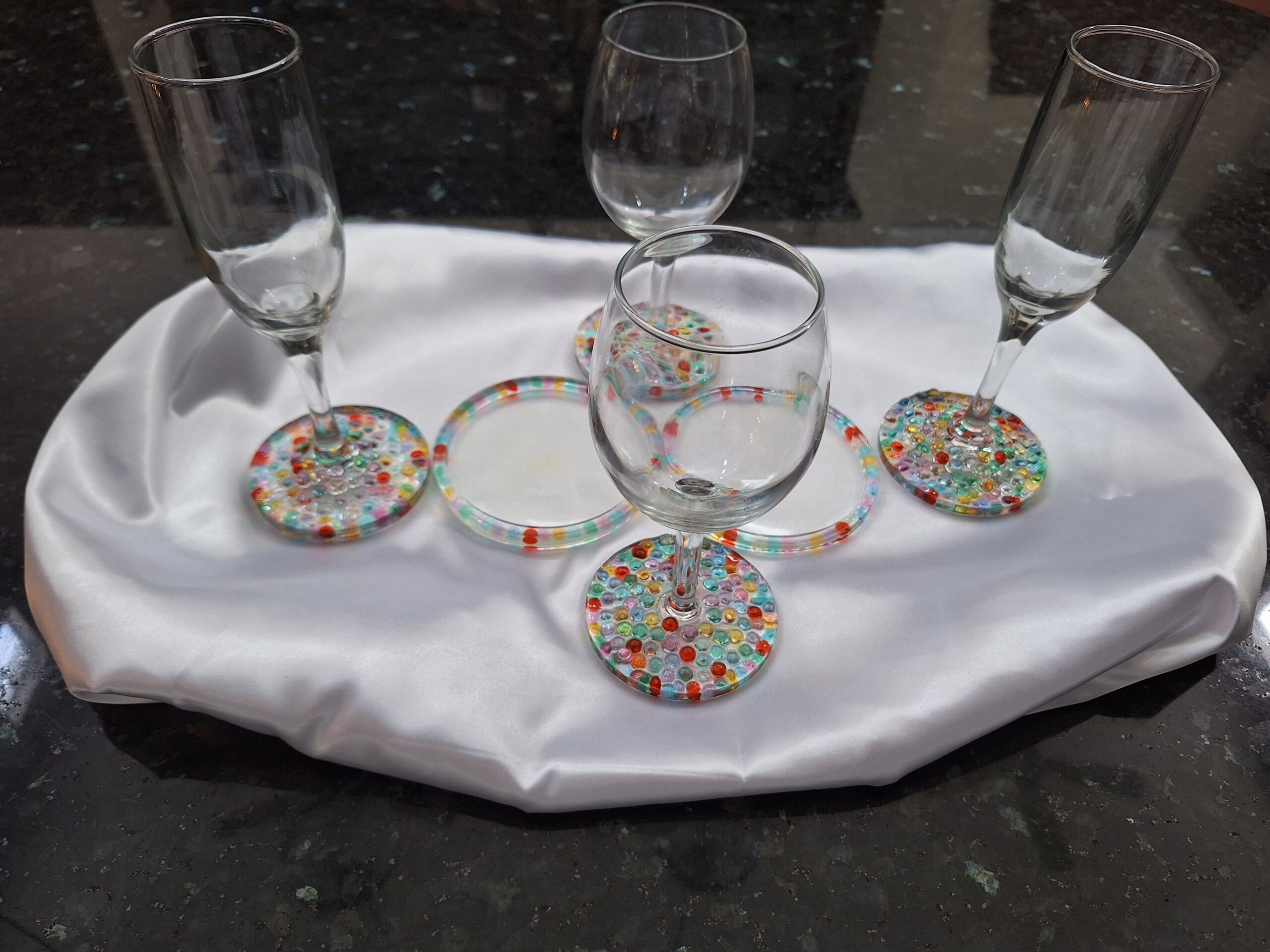 colorful wine and champagne glasses and coaster set
